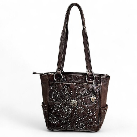 American West Handbags - American West Brown Leather Purse Chocolate Brown Tooled Studded Shoulder Bag